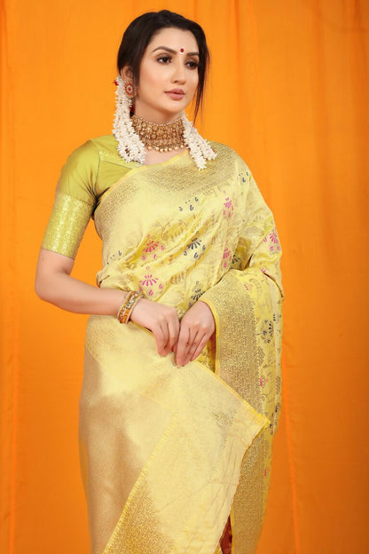 Jyoti Fashion Women's Cream Kanjivaram Silk Zari Woven Saree with Blouse