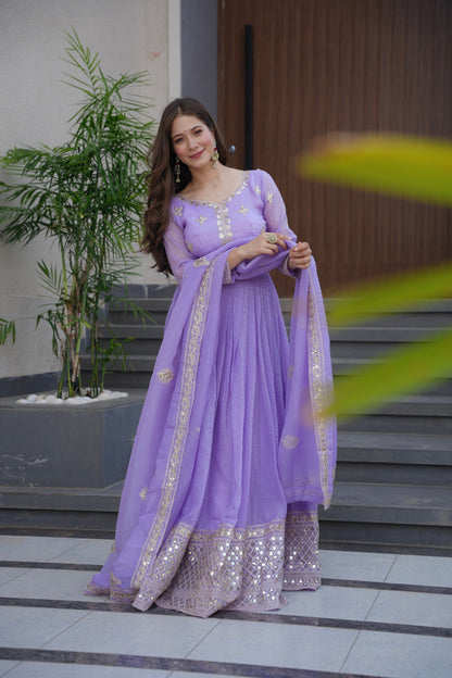 Lorenvalley Fashion Lavender Crunchy Silk with Embroidery Codding & Sequins Work Anarkali Gown with Dupatta