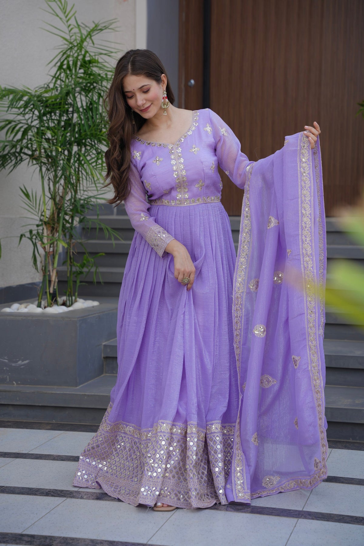Lorenvalley Fashion Lavender Crunchy Silk with Embroidery Codding & Sequins Work Anarkali Gown with Dupatta