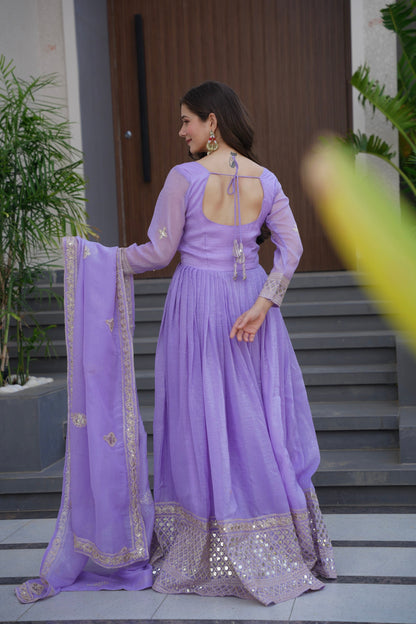 Lorenvalley Fashion Lavender Crunchy Silk with Embroidery Codding & Sequins Work Anarkali Gown with Dupatta