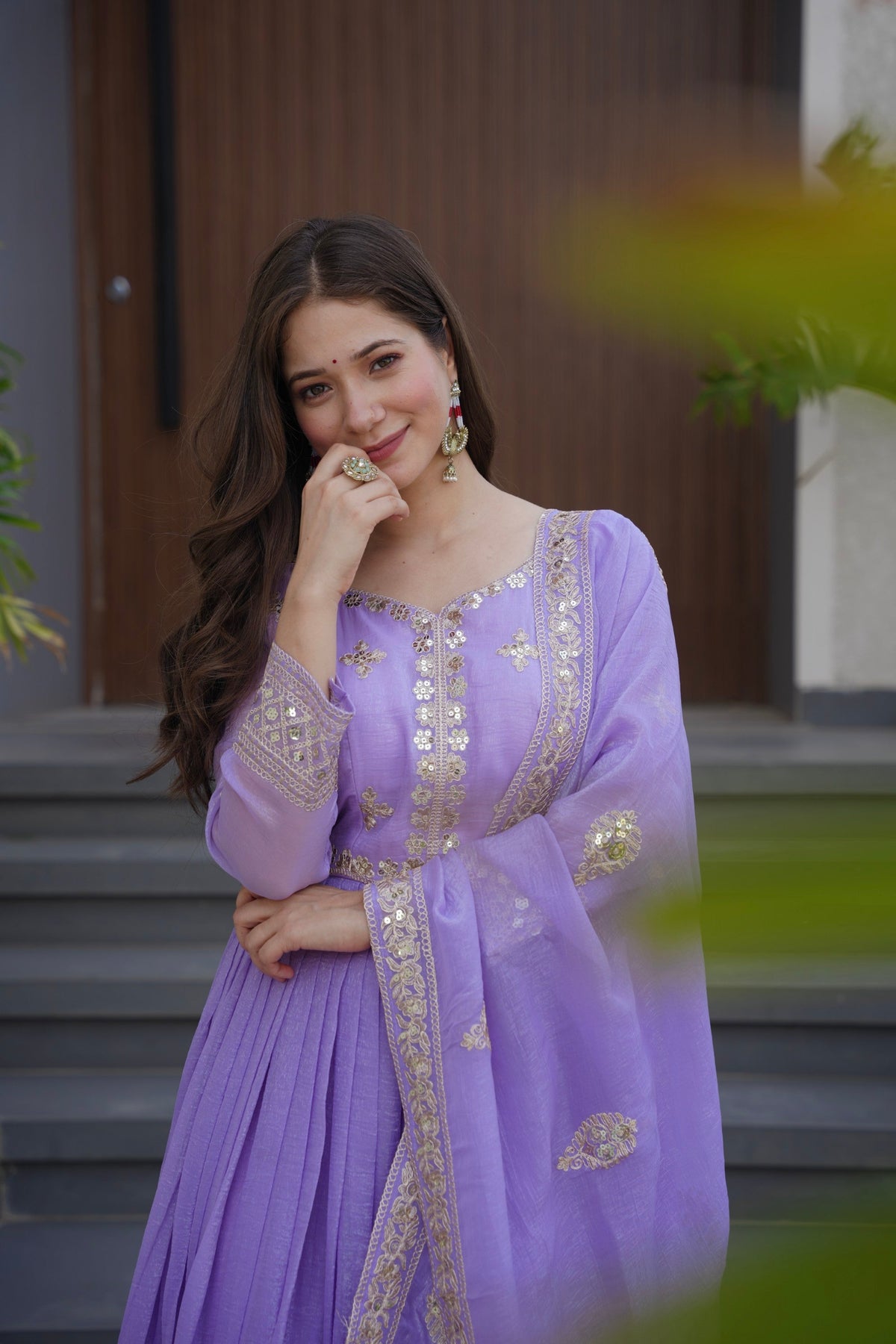 Lorenvalley Fashion Lavender Crunchy Silk with Embroidery Codding & Sequins Work Anarkali Gown with Dupatta
