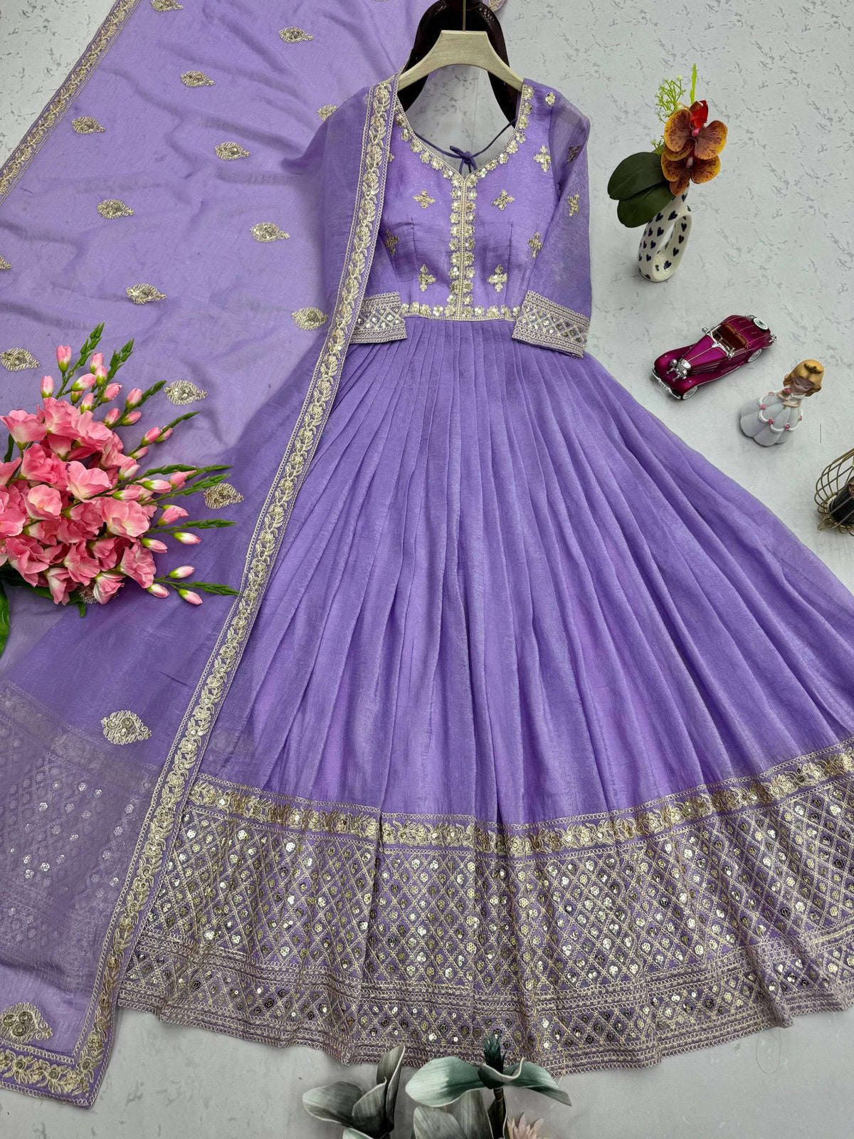 Lorenvalley Fashion Lavender Crunchy Silk with Embroidery Codding & Sequins Work Anarkali Gown with Dupatta