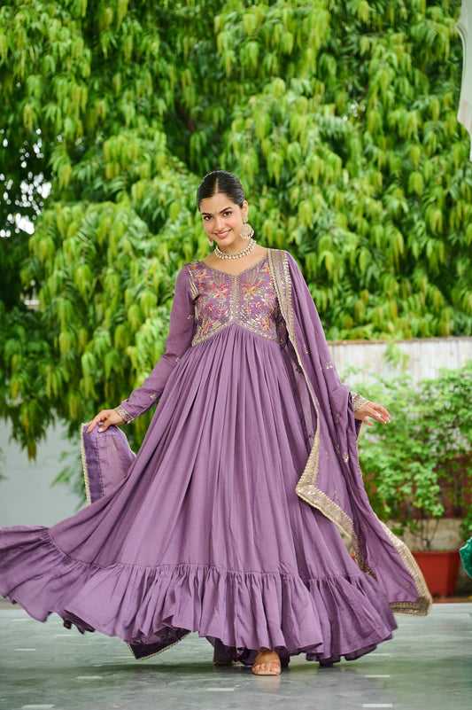Lorenvalley Fashion Lavender Vichitra Silk with Embroidered Zari & Thread work Anarkali Gown with Dupatta