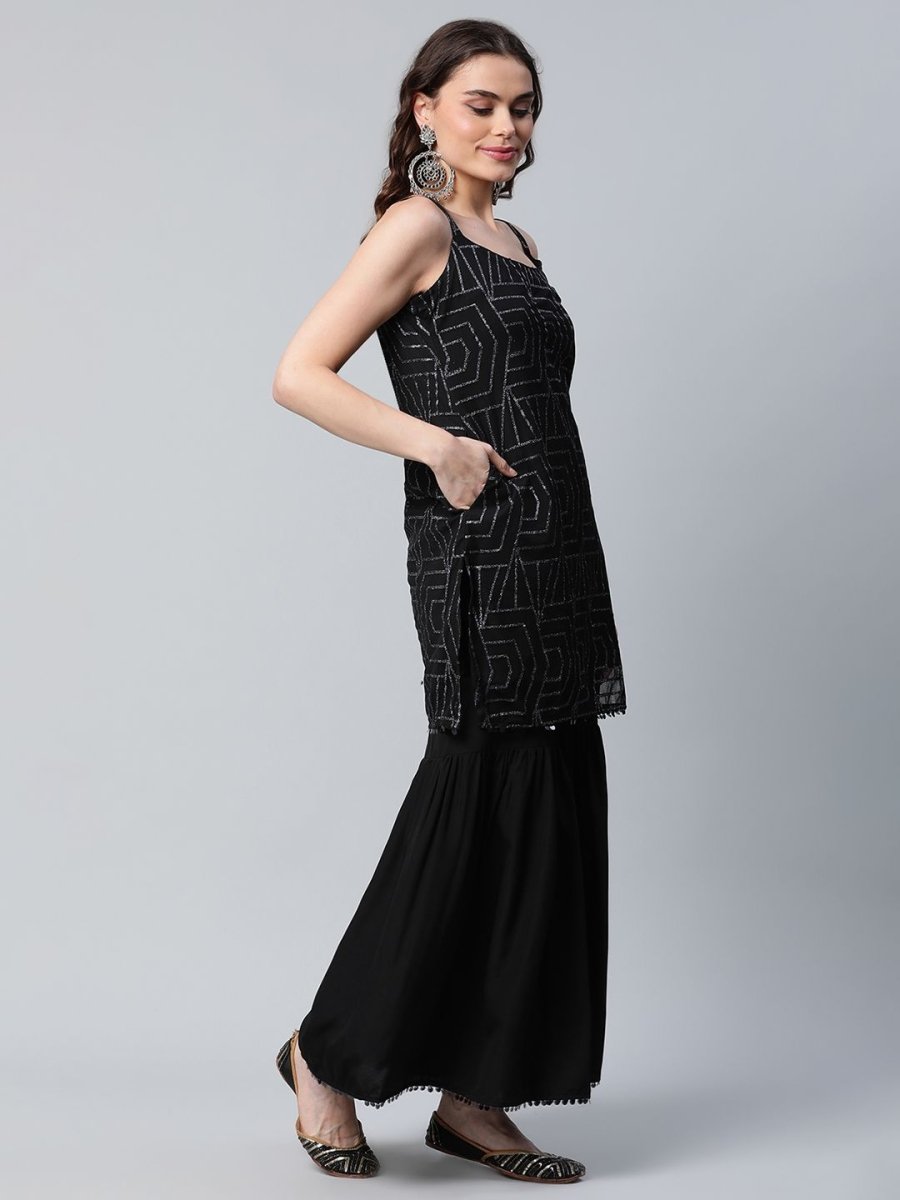 Ahalyaa Women Black Net Glitter Print Short Kurti With Sharara Dupatta Set