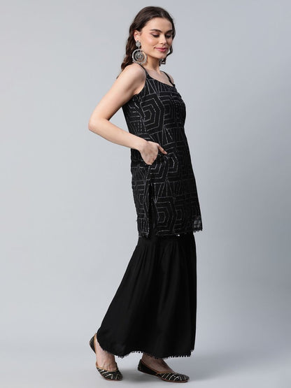 Ahalyaa Women Black Net Glitter Print Short Kurti With Sharara Dupatta Set