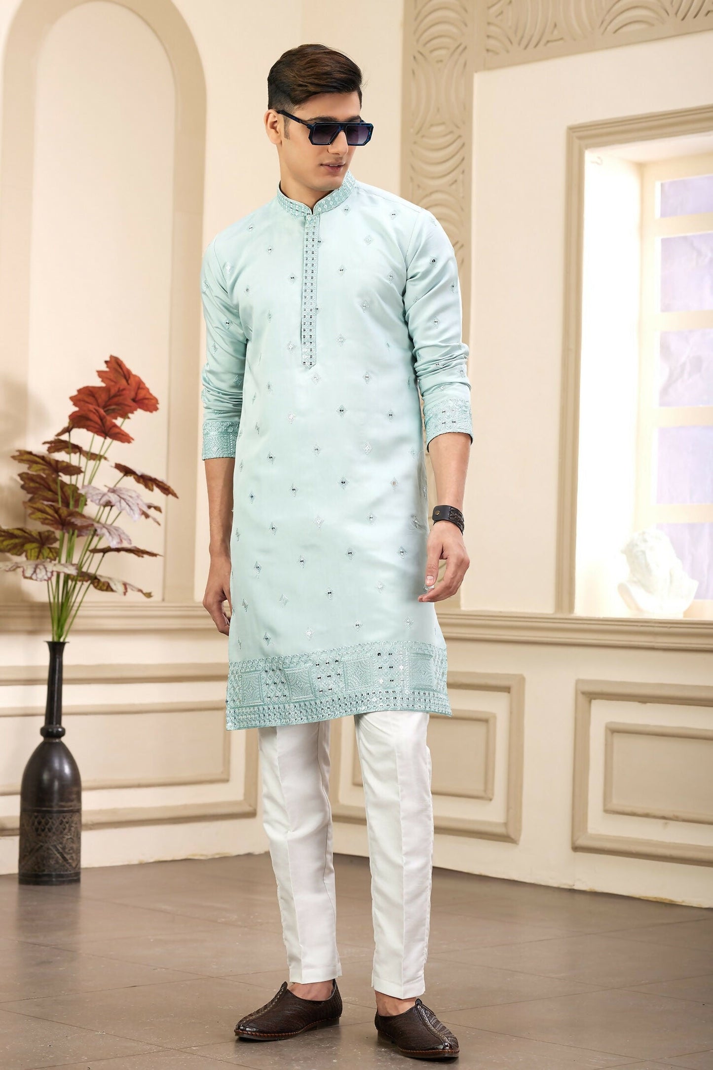 Raivat Ethnic Men's Art Silk Thread Work Kurta Pyjama In Pista Green Colour