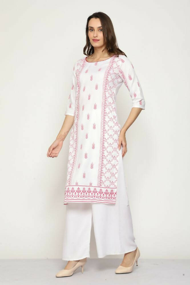 Maai Rayon Hand Printed Kurta Off-White