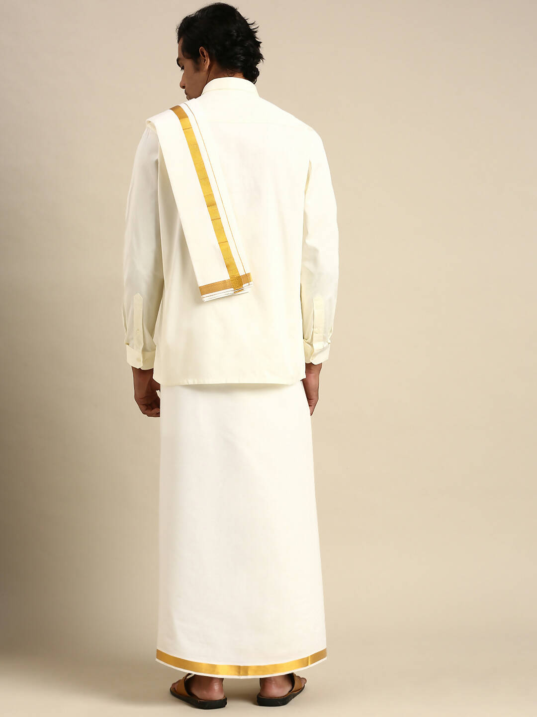 Ramraj Cotton Wedding Cream Zari Dhoti with shirt Bit & Towel Set Subamangalam 50k