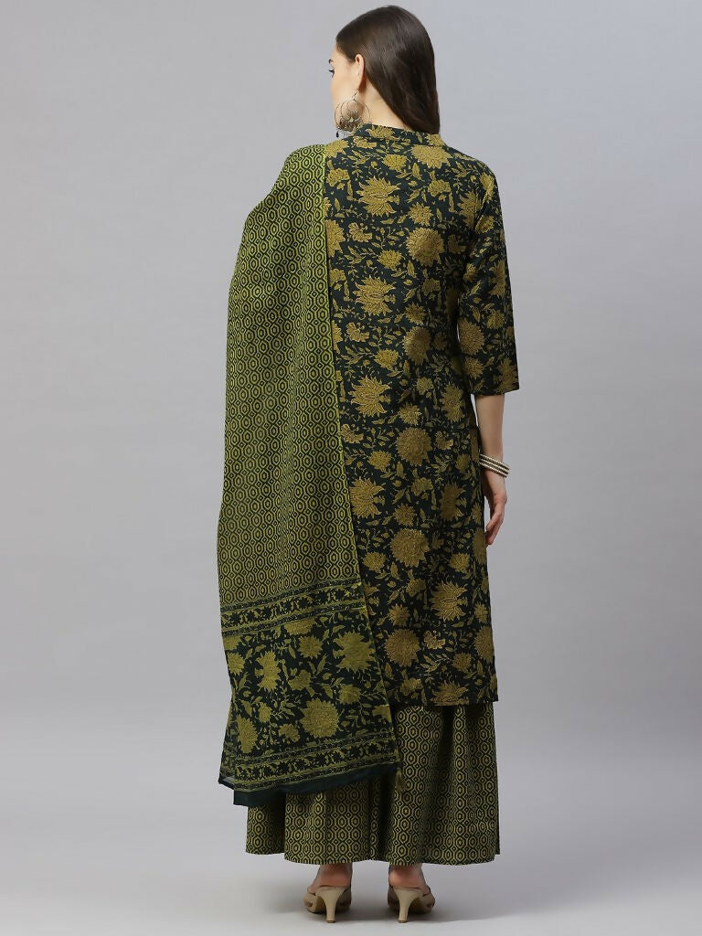 Miravan Women's Cotton Floral Straight Kurta & Sharara With Dupatta Set