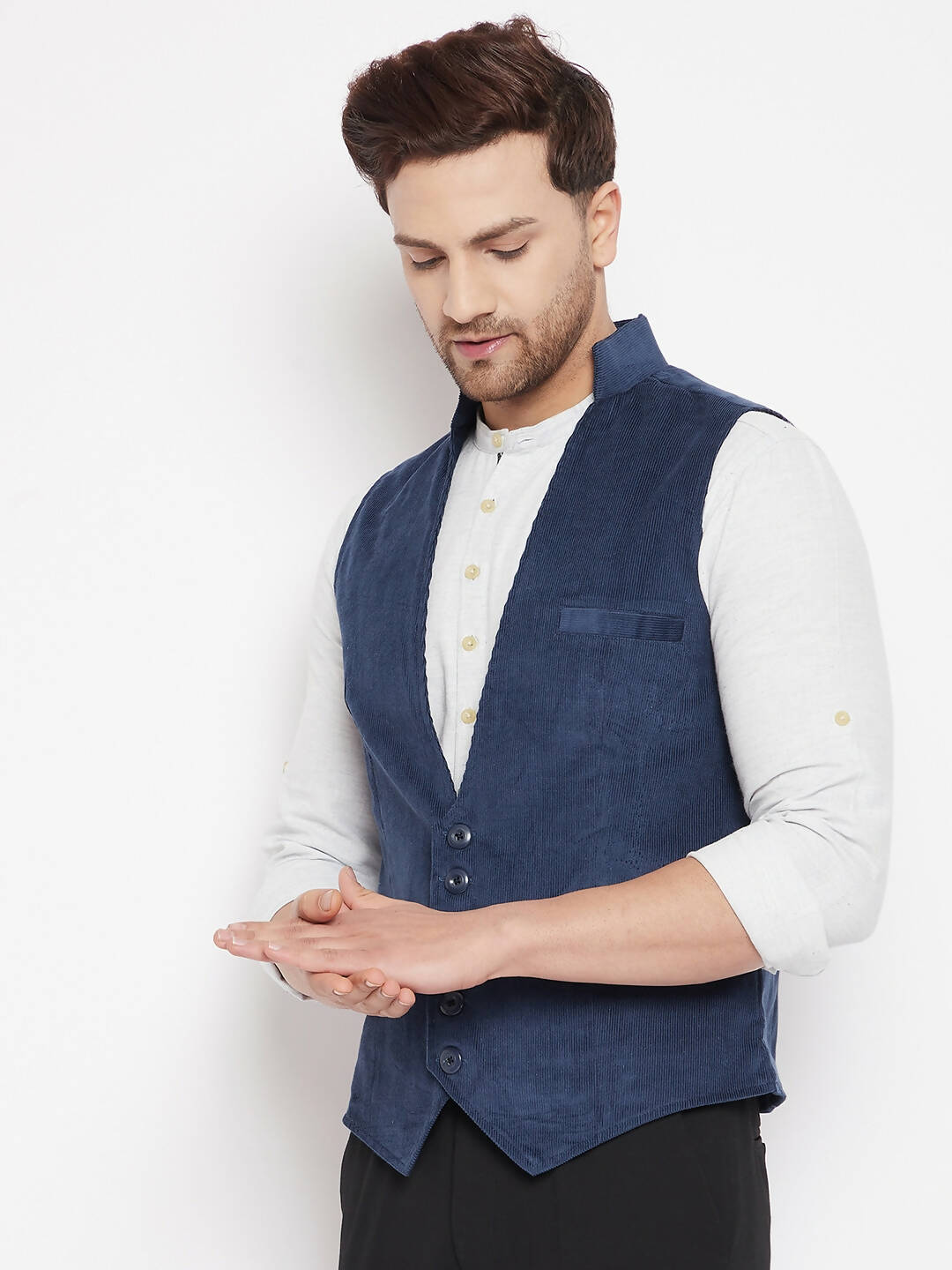 Even Apparels Blue Merino Men Woven Nehru Jacket