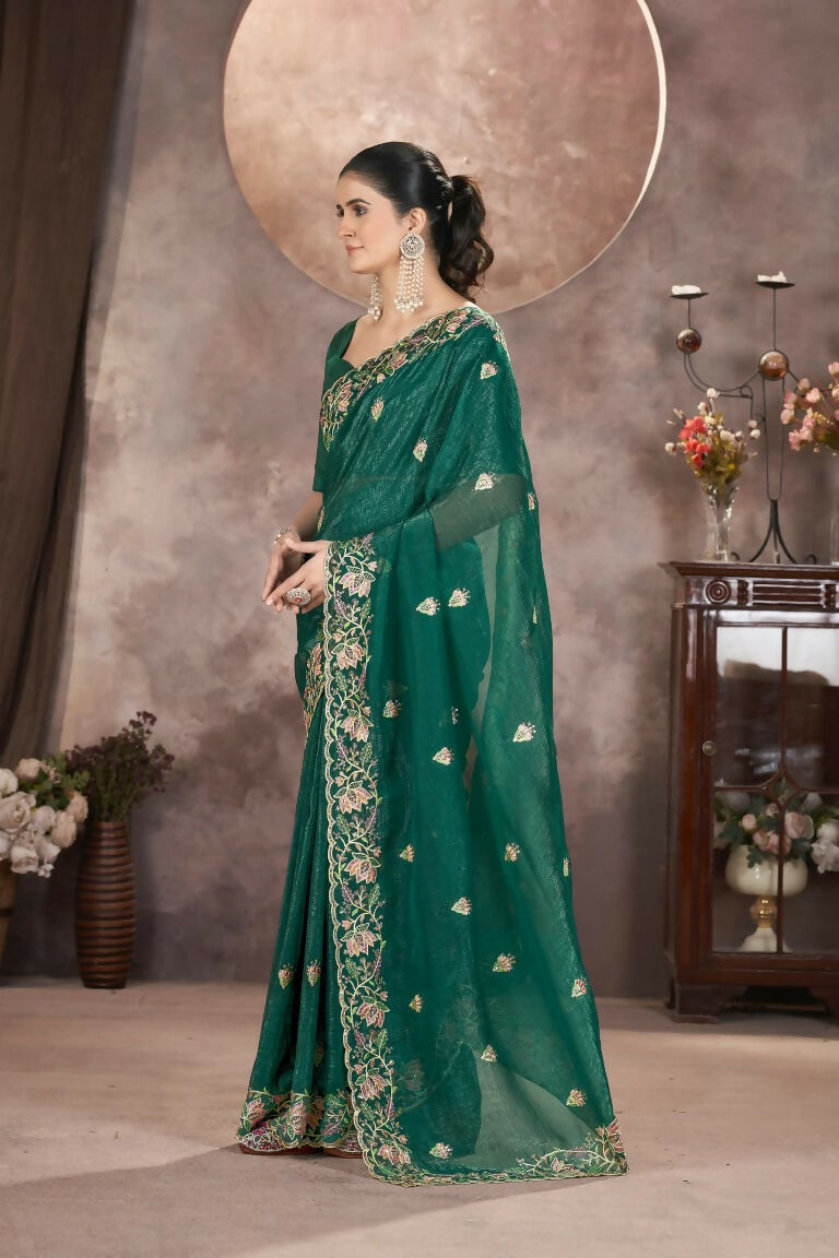 Vastranavya Gold Crunchy Multi Colour Threads Embroidery Work with Sequins Work Saree with Blouse material - Green