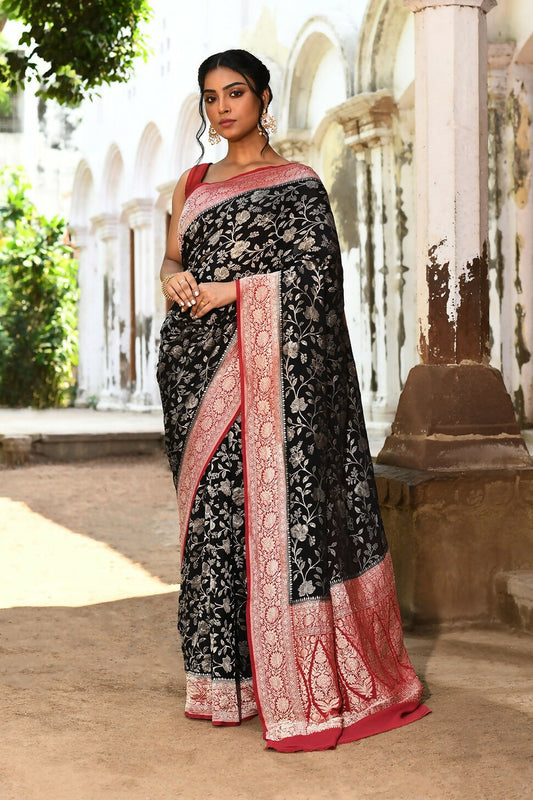 Joban Fashion Black Crepe Chiffon Pure Handloom Banarasi Silk Saree