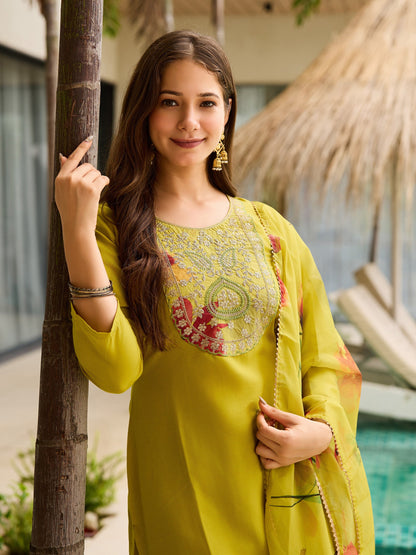 The52 Women Embroidered Rayon Fabric Straight Kurta, Pant and Dupatta Set
