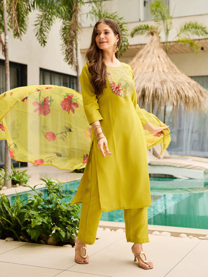 The52 Women Embroidered Rayon Fabric Straight Kurta, Pant and Dupatta Set