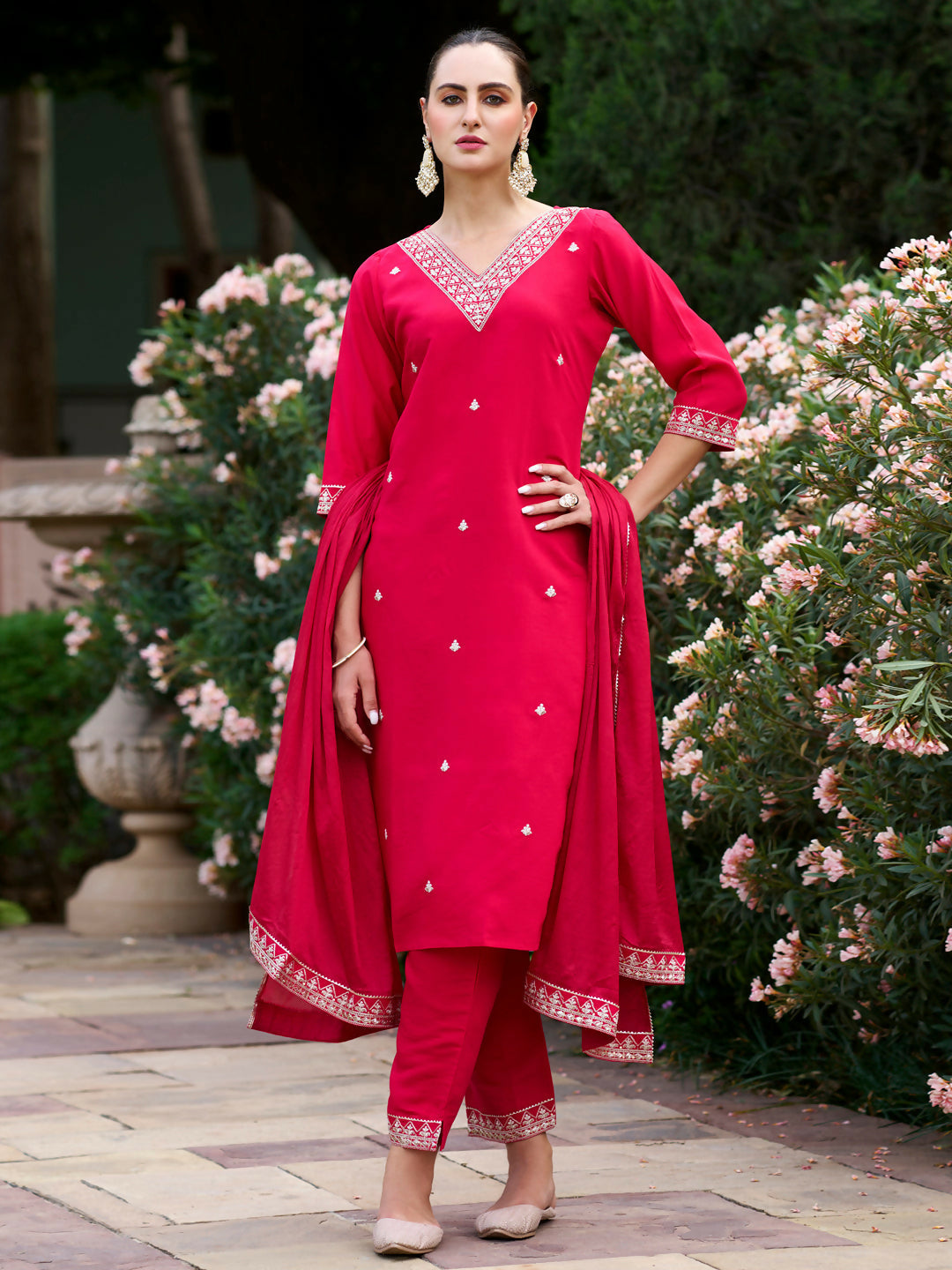 The52 Red Women's Gorgeous Embroidered Rayon Slub Fabric Straight Kurta Pant with Dupatta Set