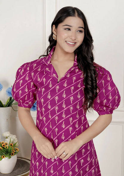 Miravan Womens Magenta Floral Printed Cotton Dress With One Side Pocket