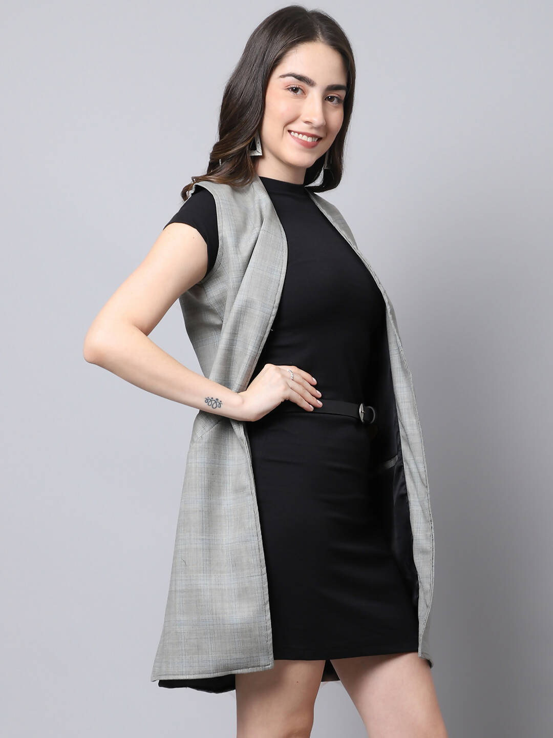 Even Apparels Grey Polywool Open Front Checked Women's Long Coat