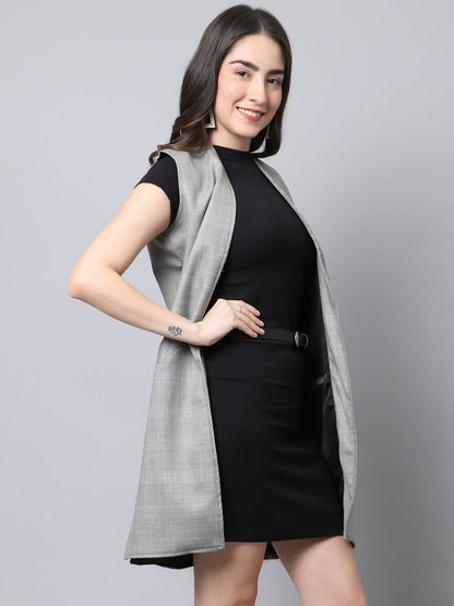 Even Apparels Grey Polywool Open Front Checked Women's Long Coat