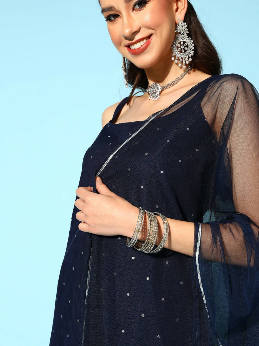 Ahalyaa Women Navy Blue Colour Crepe Foil Printed Kurta Sharara Set With Dupatta