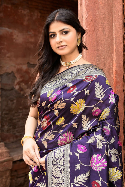 Joban Fashion Plum Purple Pure Katan Pure Handloom Banarasi Silk Saree