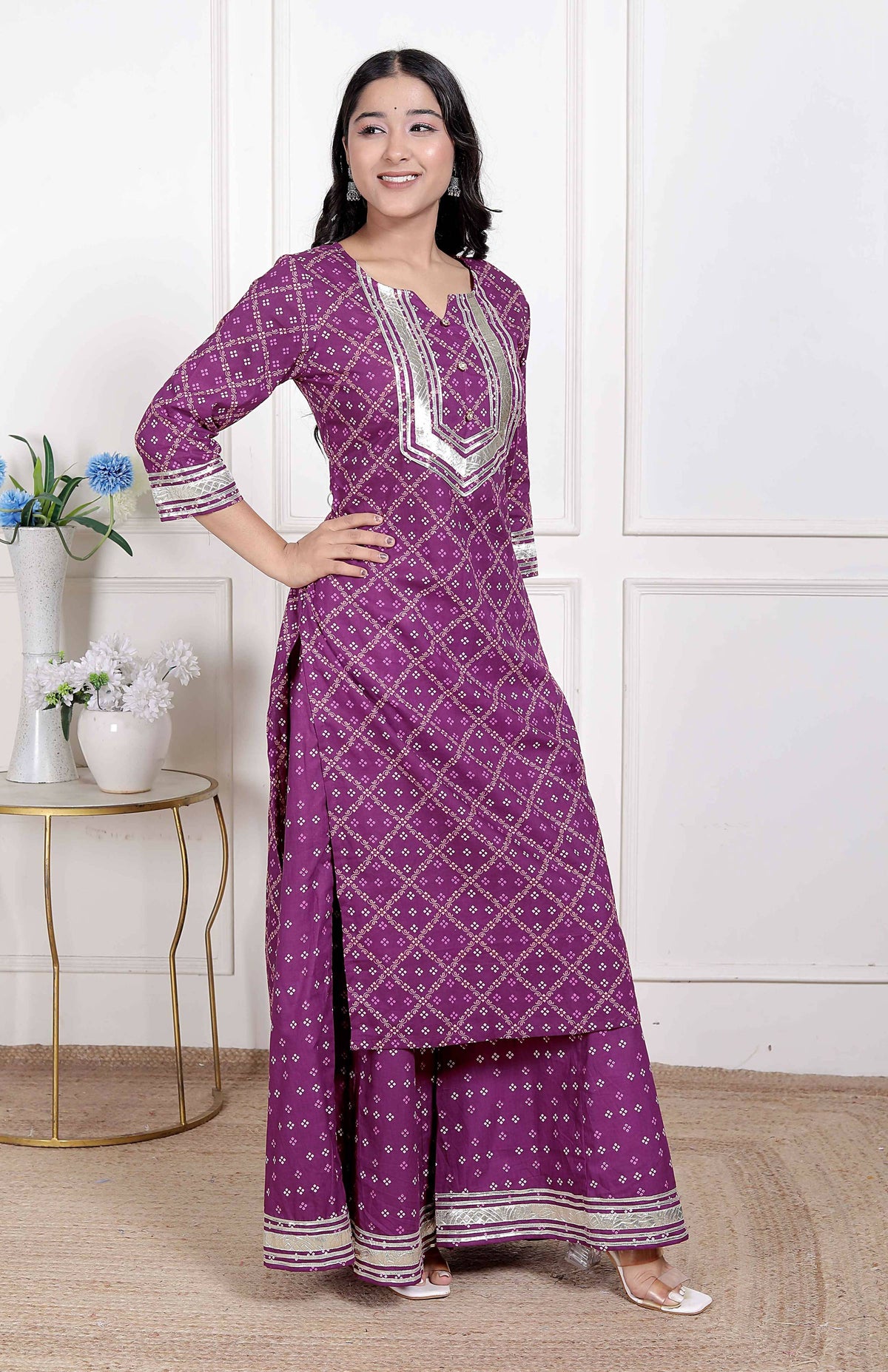 Miravan Women Cotton Magenta gota work Kurta with Flared Palazzo