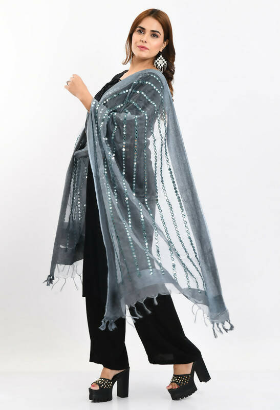 Mominos Fashion Moeza Women's Orgenza Mirror Stripe Thread Work Grey Dupatta