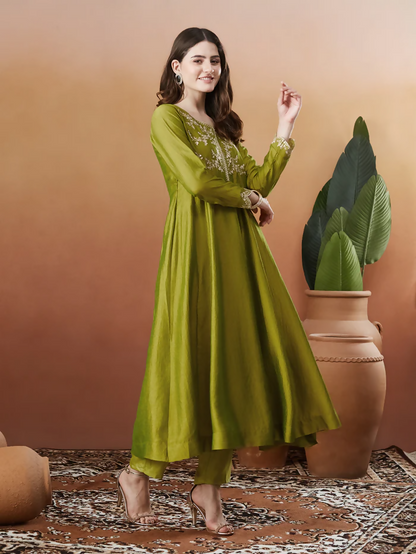 The52 Light Green Women's Beautiful Vichitra Silk Fabric Embroidered Work Flared Anarkali Pant and Dupatta Set
