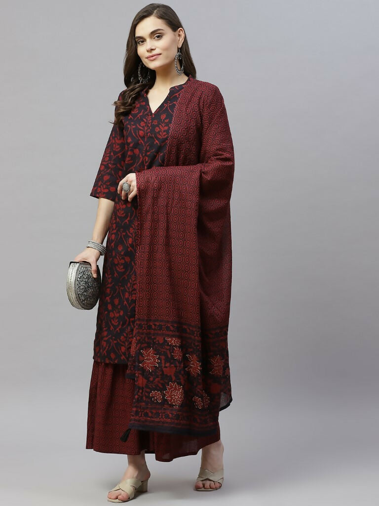 Miravan Women's Cotton Floral Print Straight Kurta Sharara And Dupatta Set