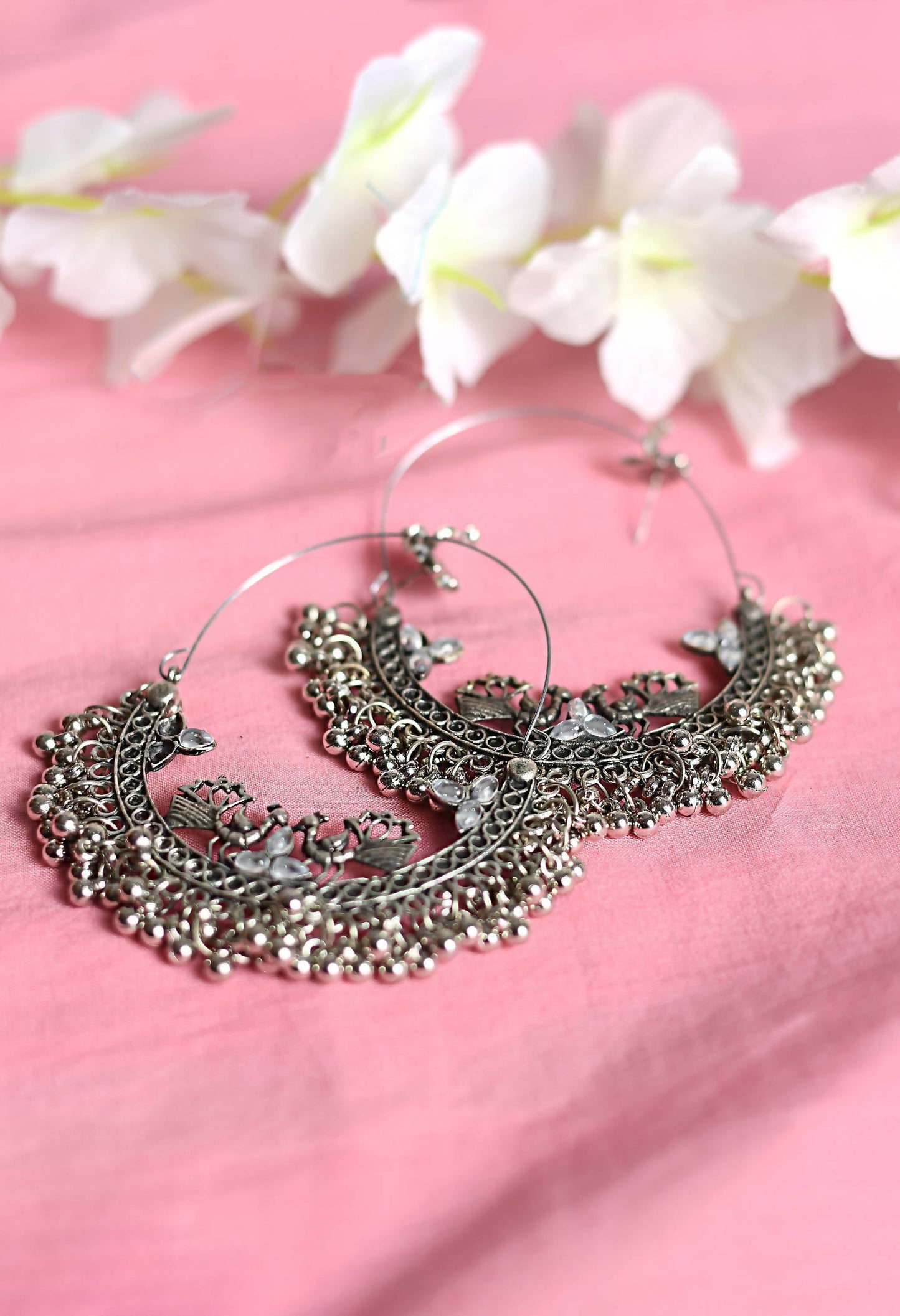 Mominos Fashion Johar Kamal Silver Peacock Design Chandbali Earrings