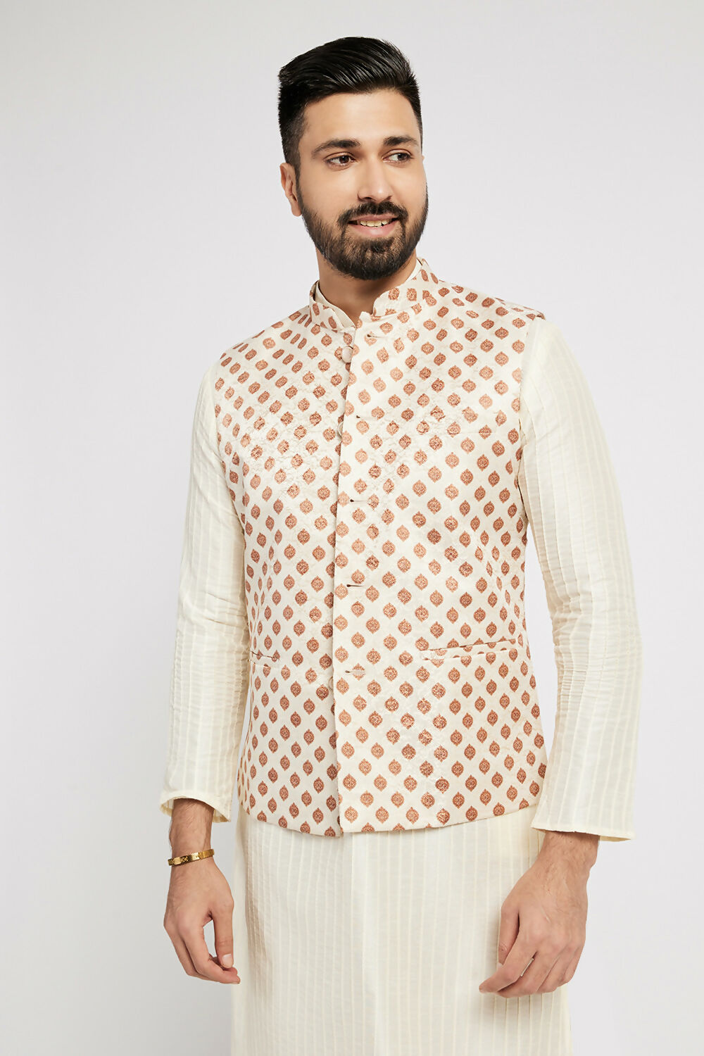 Ethnic India Cream Bundi Men's Jacket Geometric Polyester