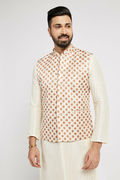 Ethnic India Cream Bundi Men's Jacket Geometric Polyester