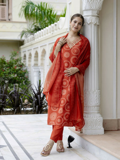The52 Orange Women's Gorgeous Rayon Embroidered Straight Kurta with Pant And Dupatta Set