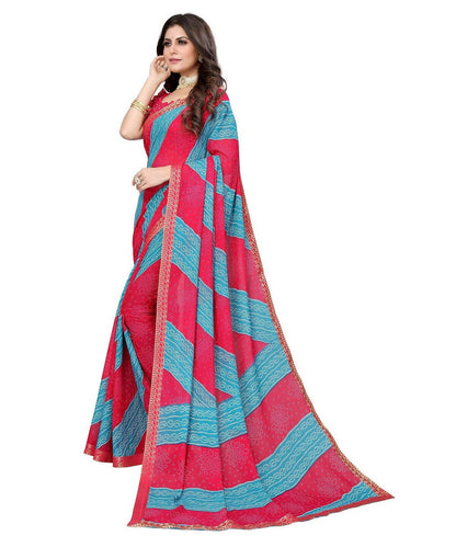 Vamika Pink Georgette Printed With Lace Saree (MANYA PINK SKY BLUE)