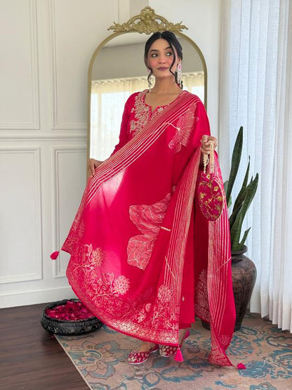 The52 Women Gorgeous Roman Silk Fabric Straight Kurta, Pant and Dupatta Set