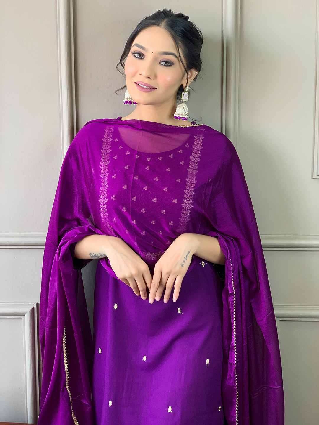 The52 Violet Rayon Slub Fabric Embroidered work Straight cut Kurta, Pant and Dupatta Set