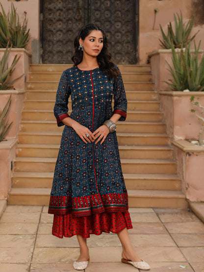 Juniper Women's The Chitrahar Blue Ethnic Motif Printed Cotton Dress With Mirror Work