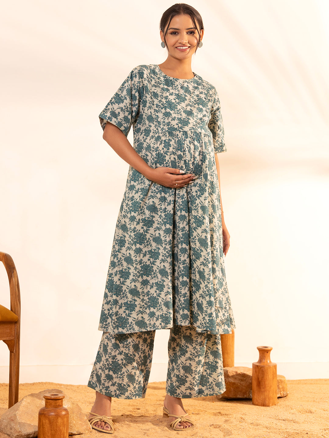 Janasya Beige Cotton Floral Printed Casual Maternity Set