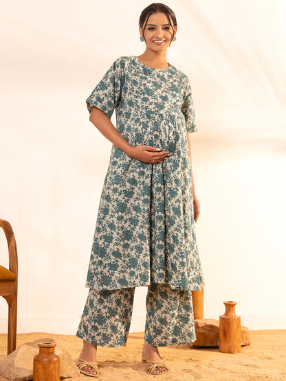 Janasya Beige Cotton Floral Printed Casual Maternity Set