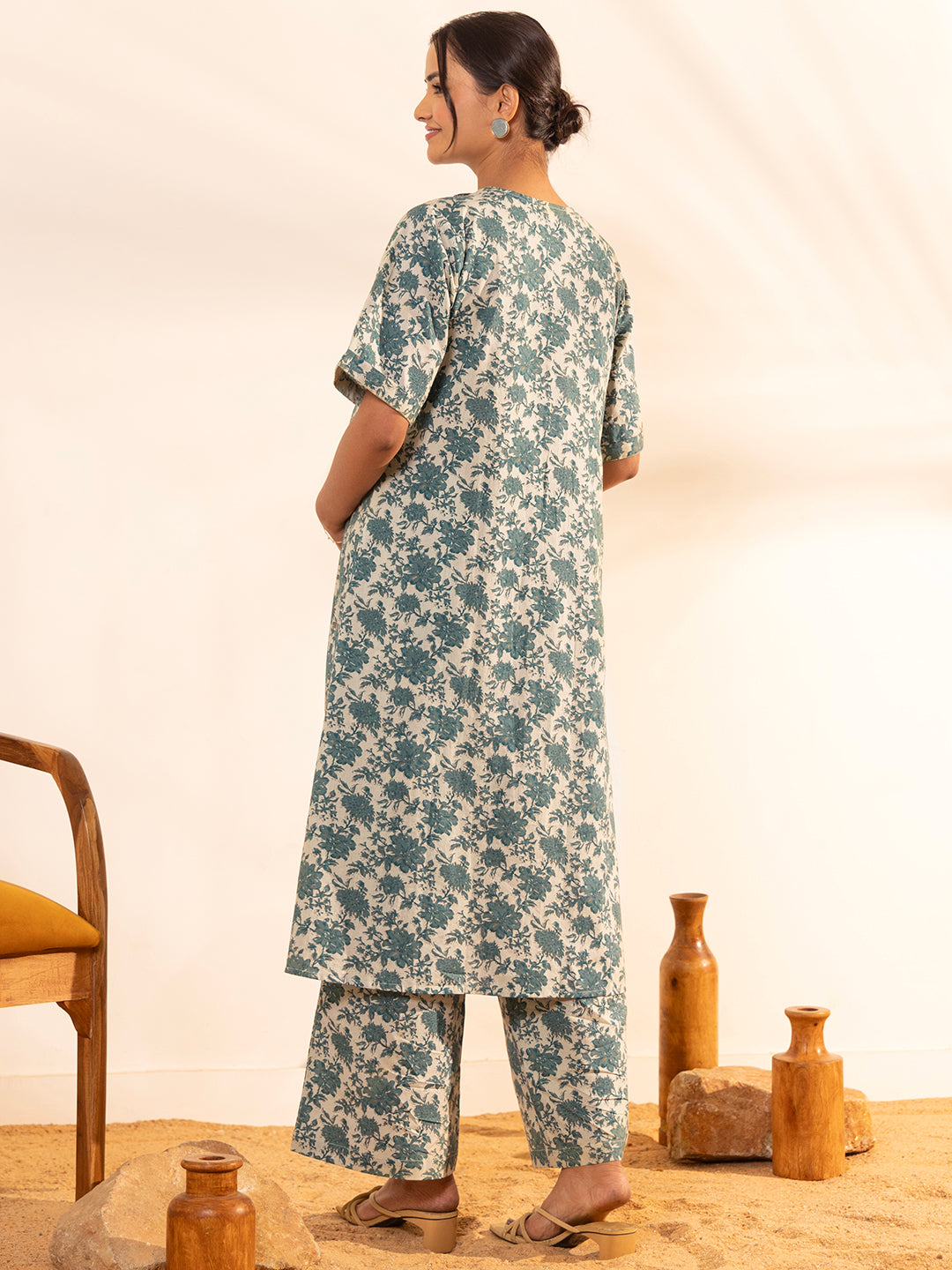 Janasya Beige Cotton Floral Printed Casual Maternity Set