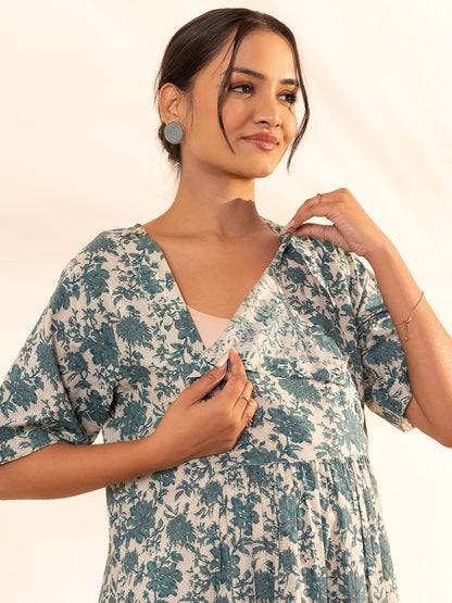 Janasya Beige Cotton Floral Printed Casual Maternity Set