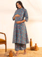 Janasya Blue Cotton Floral A-Line Kurta Set