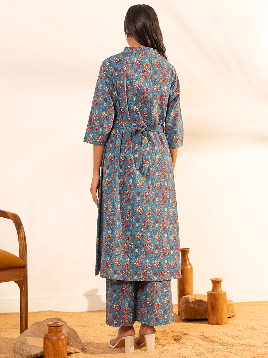 Janasya Blue Cotton Floral A-Line Kurta Set