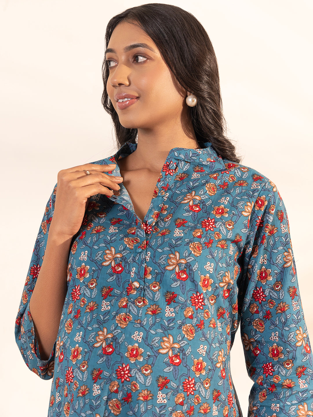 Janasya Blue Cotton Floral A-Line Kurta Set
