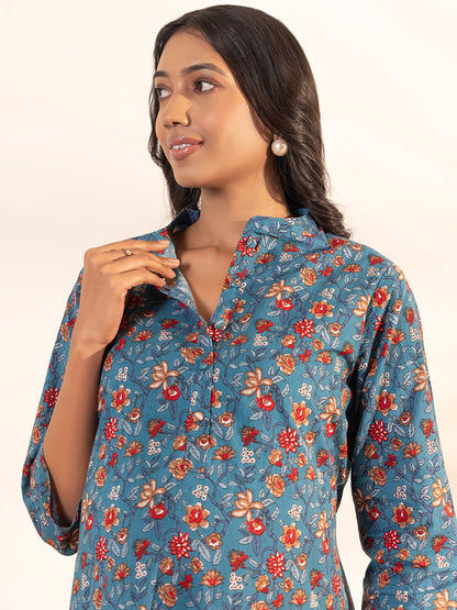 Janasya Blue Cotton Floral A-Line Kurta Set