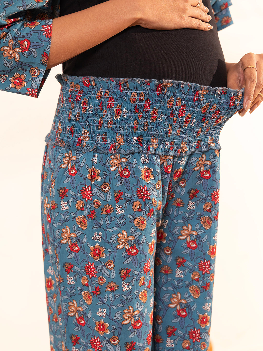 Janasya Blue Cotton Floral A-Line Kurta Set