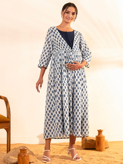 Janasya White Cotton Floral A-Line Dress