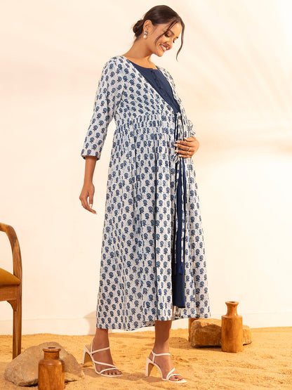 Janasya White Cotton Floral A-Line Dress