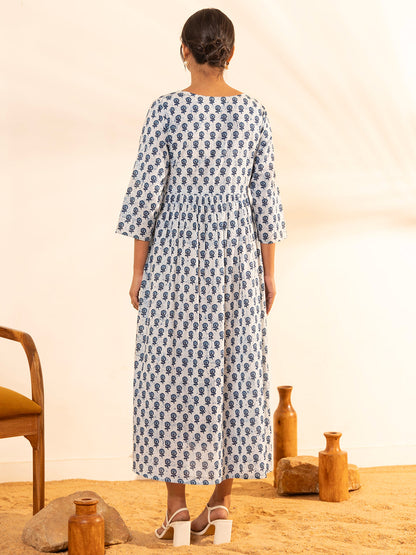 Janasya White Cotton Floral A-Line Dress