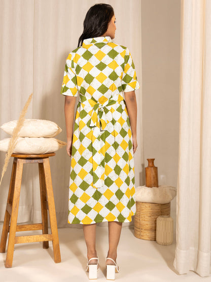 Janasya Multicolour Cotton Geometric A-Line Dress
