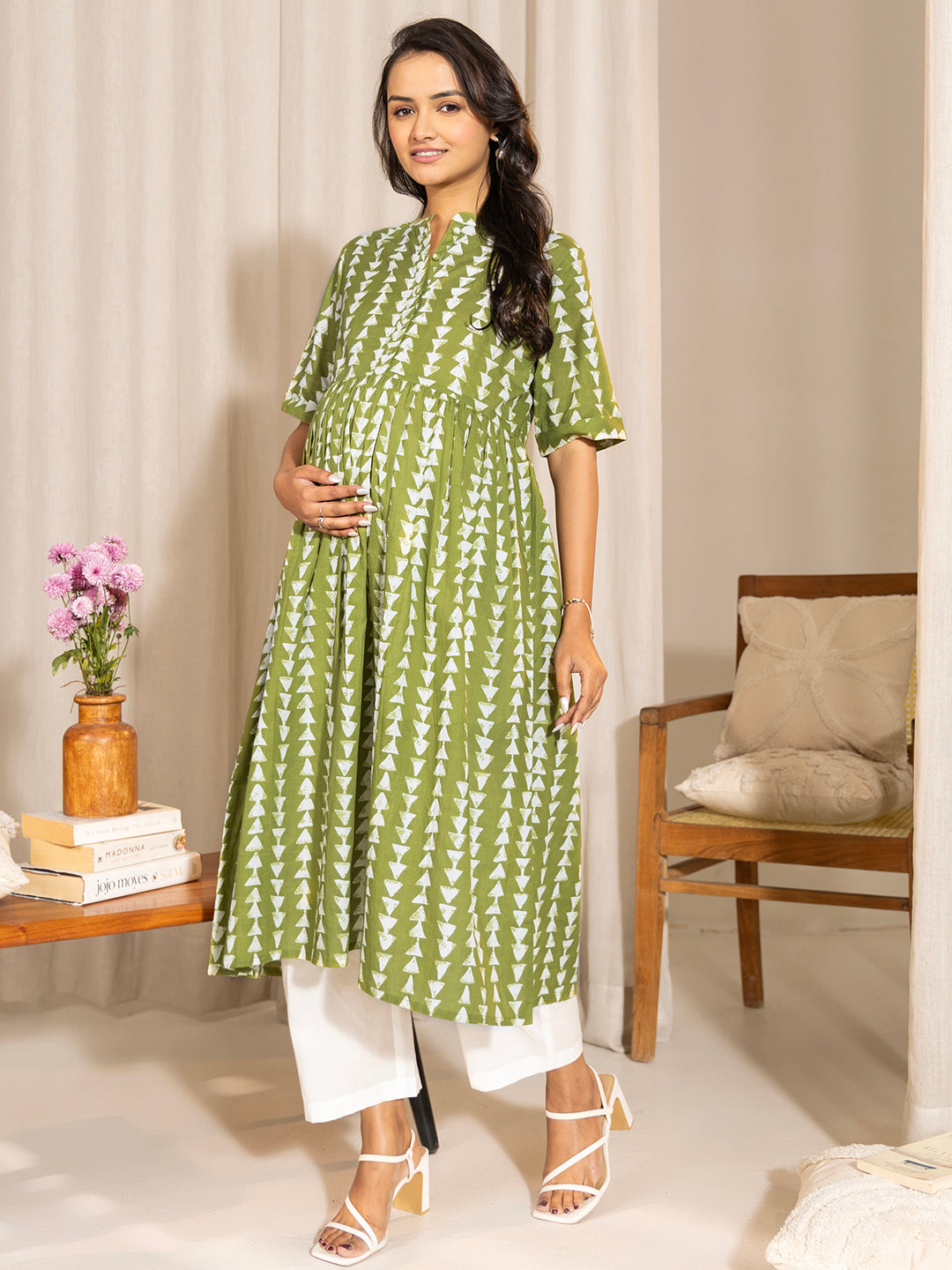 Janasya Green Cotton Block Printed Casual Maternity Kurta